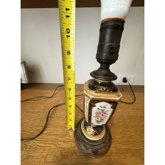 Vintage Floral Porcelain & Metal Table Lamp – Ornate Black & Gold Detail, Wood B - Picture 10 of 12